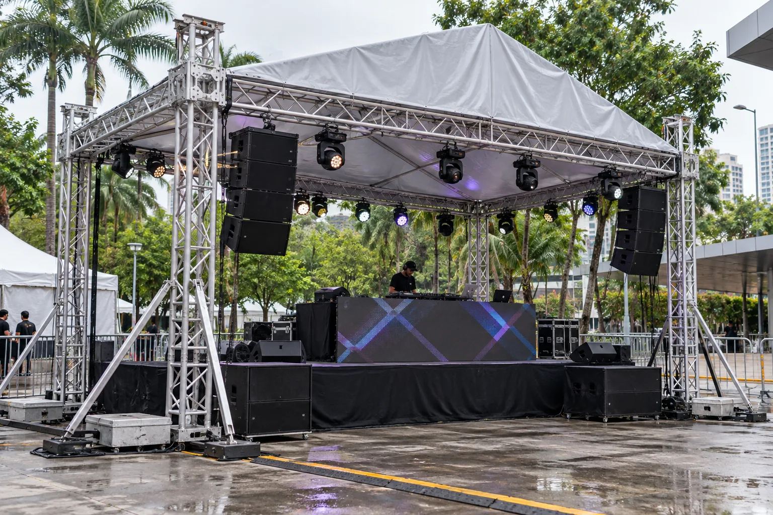Covered DJ Booth Truss — illustrative setup