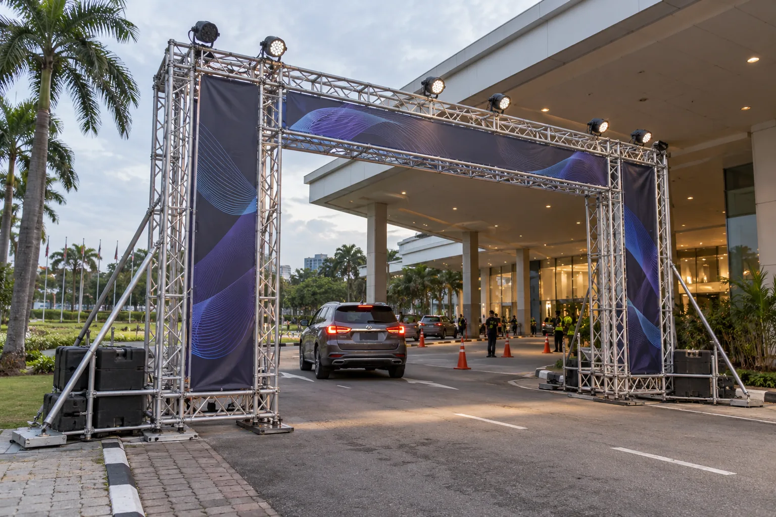 Vehicle Entrance & Drive-Through Gantry Truss — illustrative setup