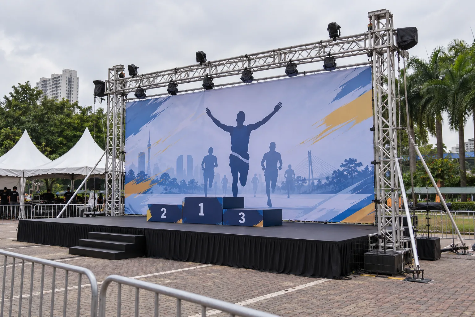 Sports Podium & Sponsor Backdrop Truss — illustrative setup